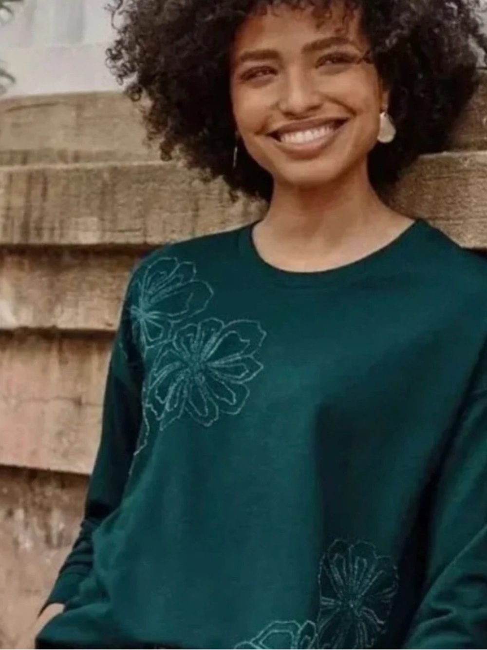 J. Jill Teal Floral Embroidered Crewneck Sweatshirt